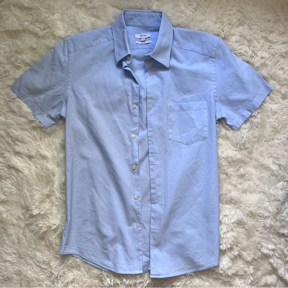 REISS Blue Slim Fit Tailored Button Up Short Sleeve Shirt